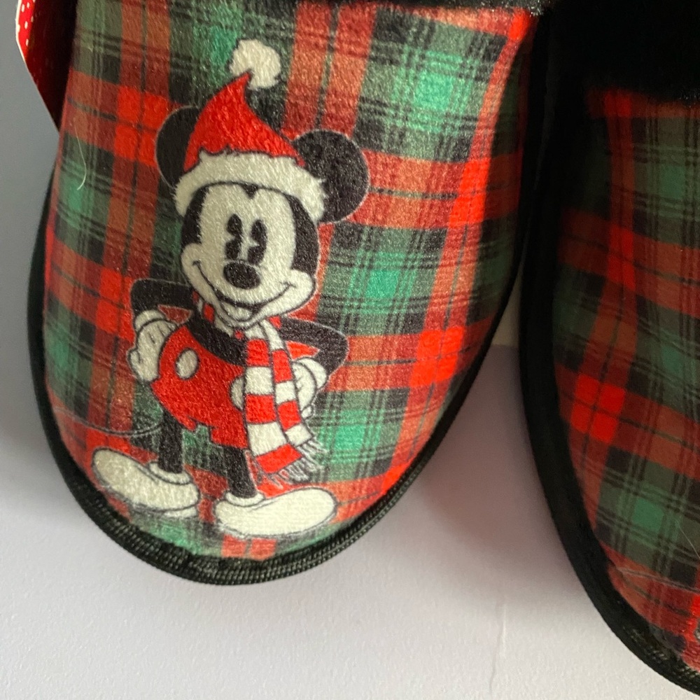NWT Disney Mickey Mouse Christmas Slippers Plaid Fur Trim House Shoes Medium 7-9 - Picture 7 of 7